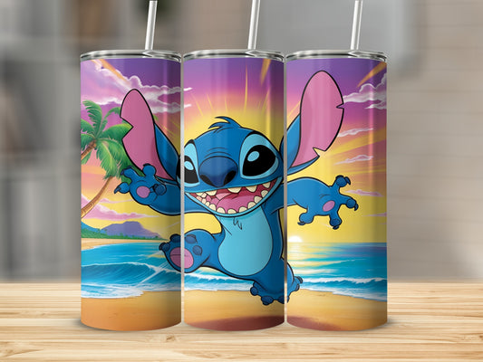 Three tumblers featuring Stitch from Lilo & Stitch on a beach at sunset.