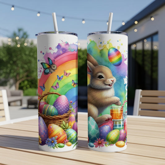 Two Easter-themed tumblers with bunnies, colorful eggs, and a rainbow.