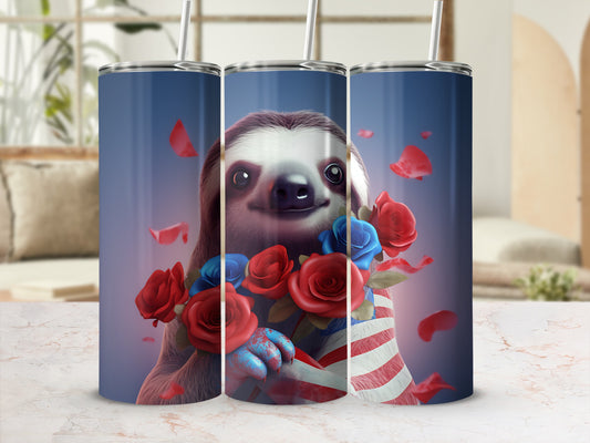 Sloth wearing a flag-themed scarf surrounded by red and blue roses.
