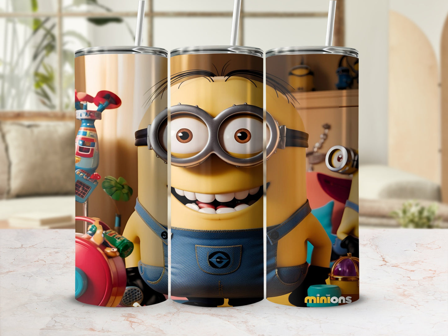 Three Minions decorated tumblers with straws, featuring a playful, smiling Minion.