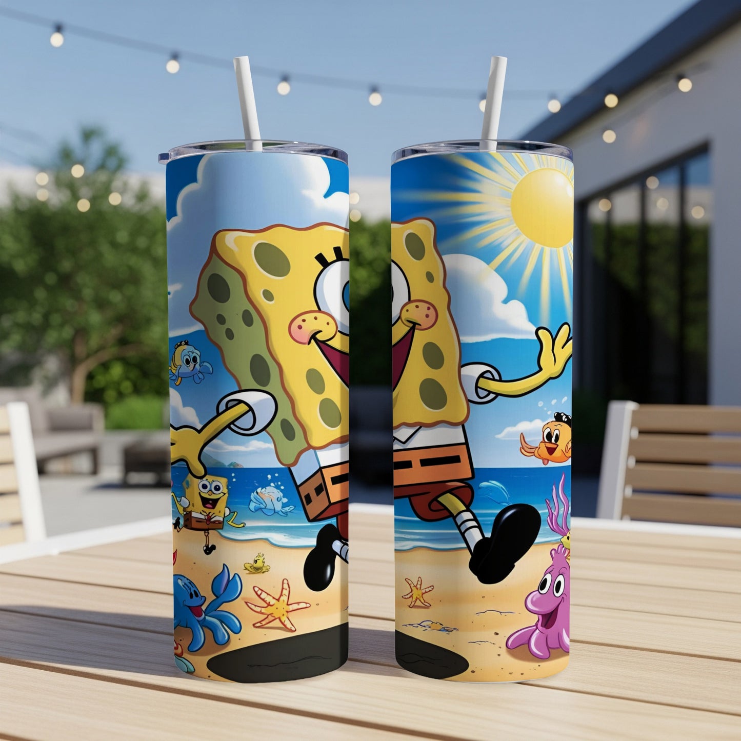 SpongeBob SquarePants character illustration on two travel tumblers.