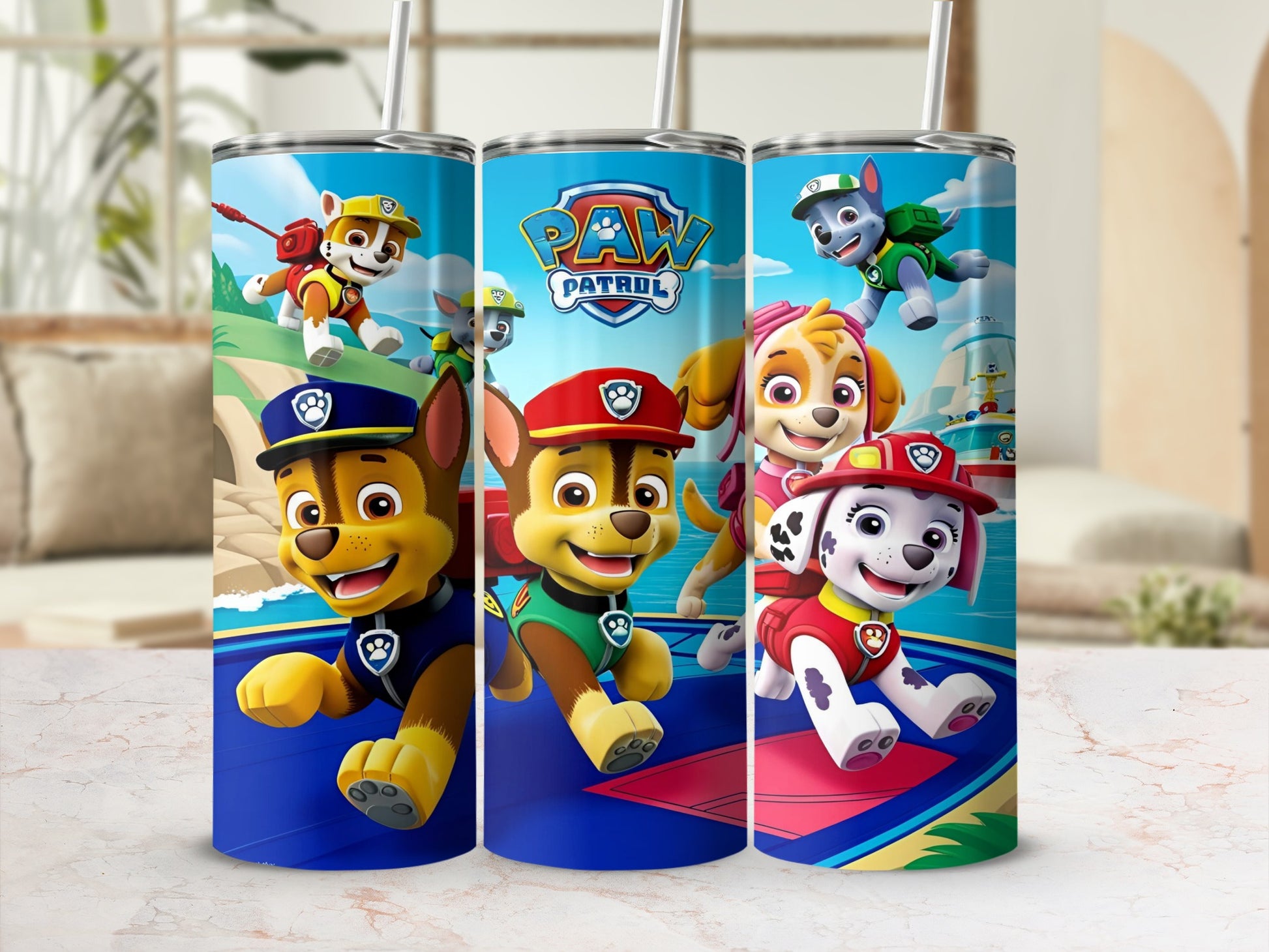 Paw Patrol characters Chase, Marshall, and Skye on colorful tumblers.