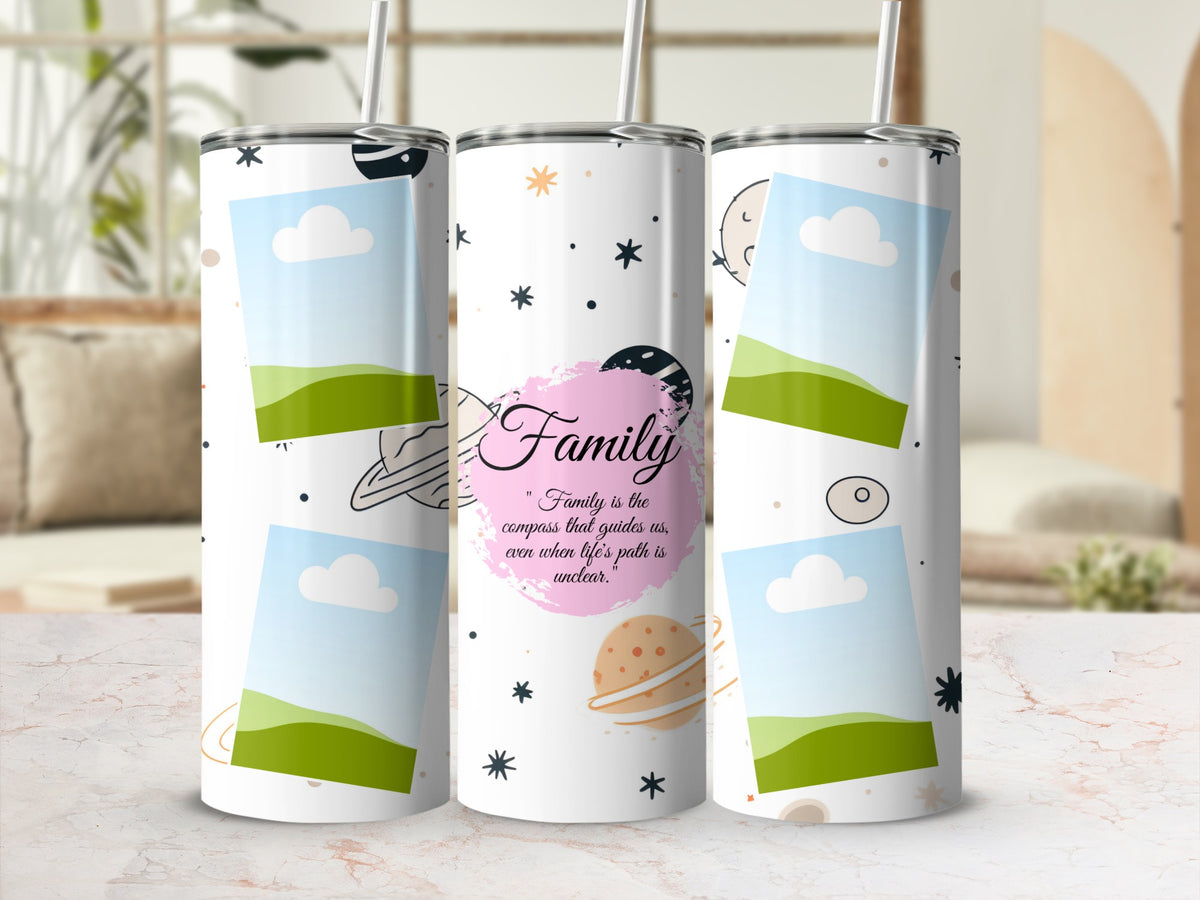 White tumbler with "Family" quote, photo placeholders, and celestial elements.