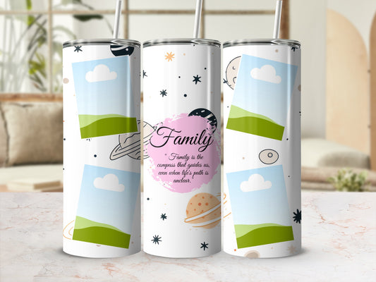 White tumbler with "Family" quote, photo placeholders, and celestial elements.