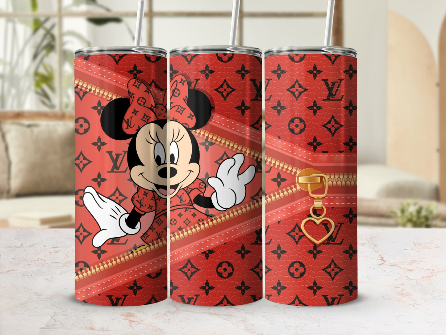 Minnie Mouse on red LV print tumbler with gold zipper detail.