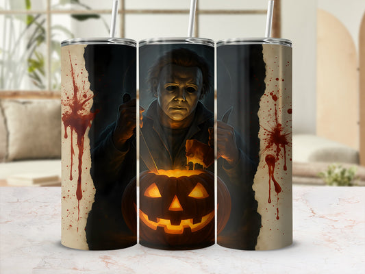 Michael Myers and carved pumpkin design on three tumblers with blood splatters.
