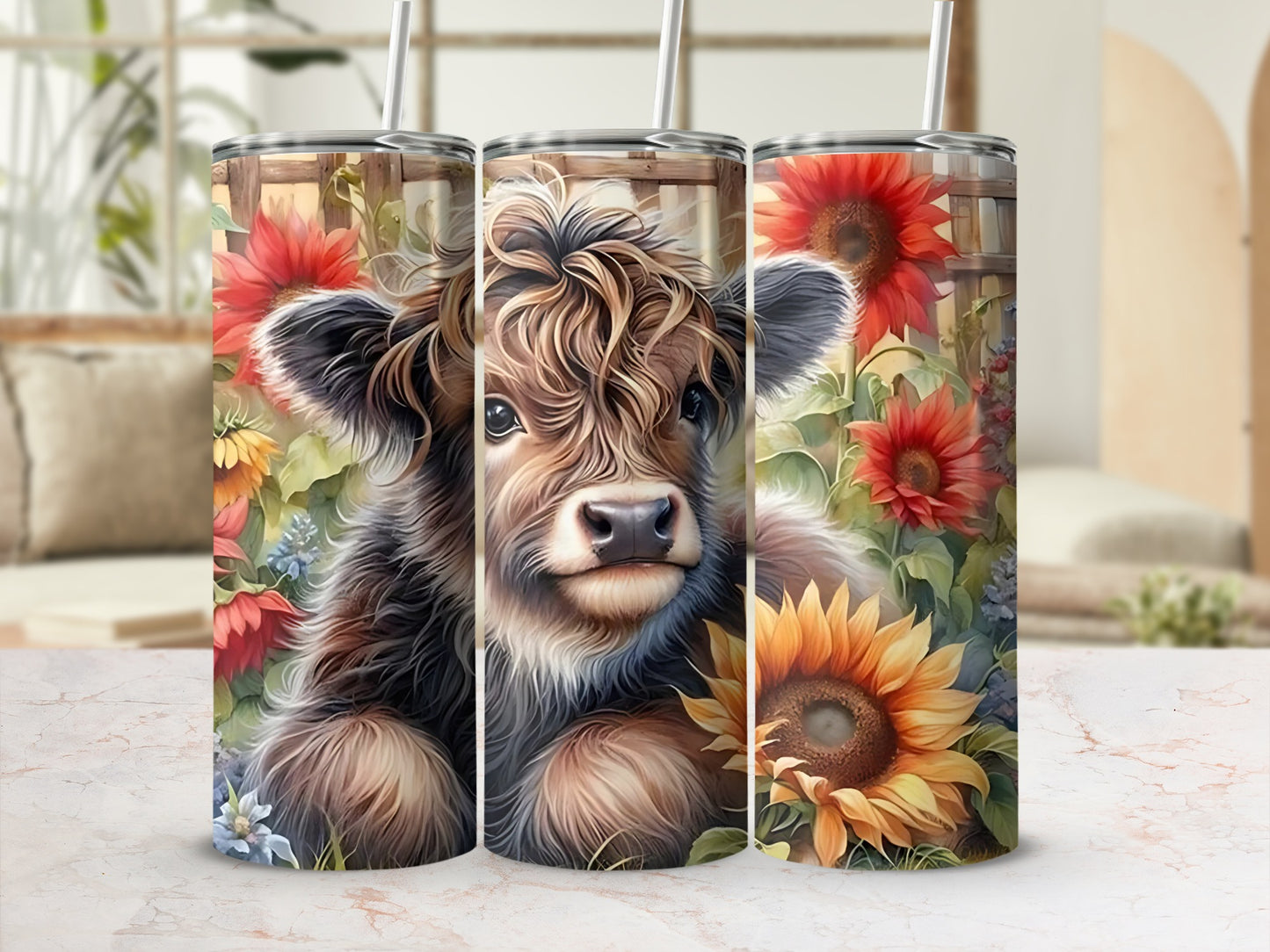 Adorable Cow with Sunflowers and Flowers Tumbler