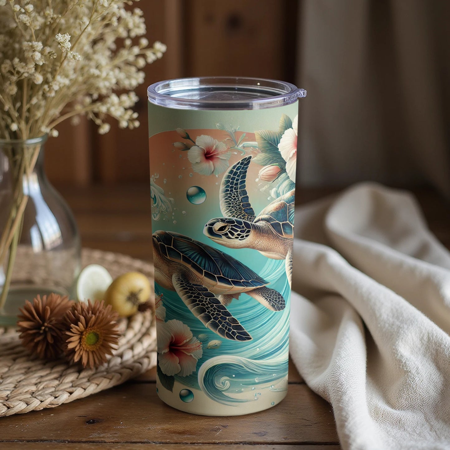Beautiful Sea Turtle Illustration Tumbler with Lid