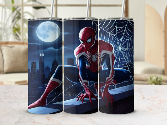 Spider-Man crouches on a web overlooking a city at night.