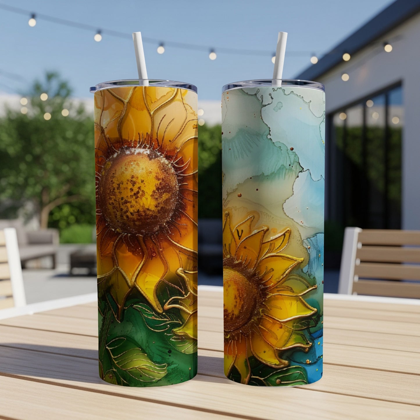 Two tumblers with sunflower designs and watercolor accents.