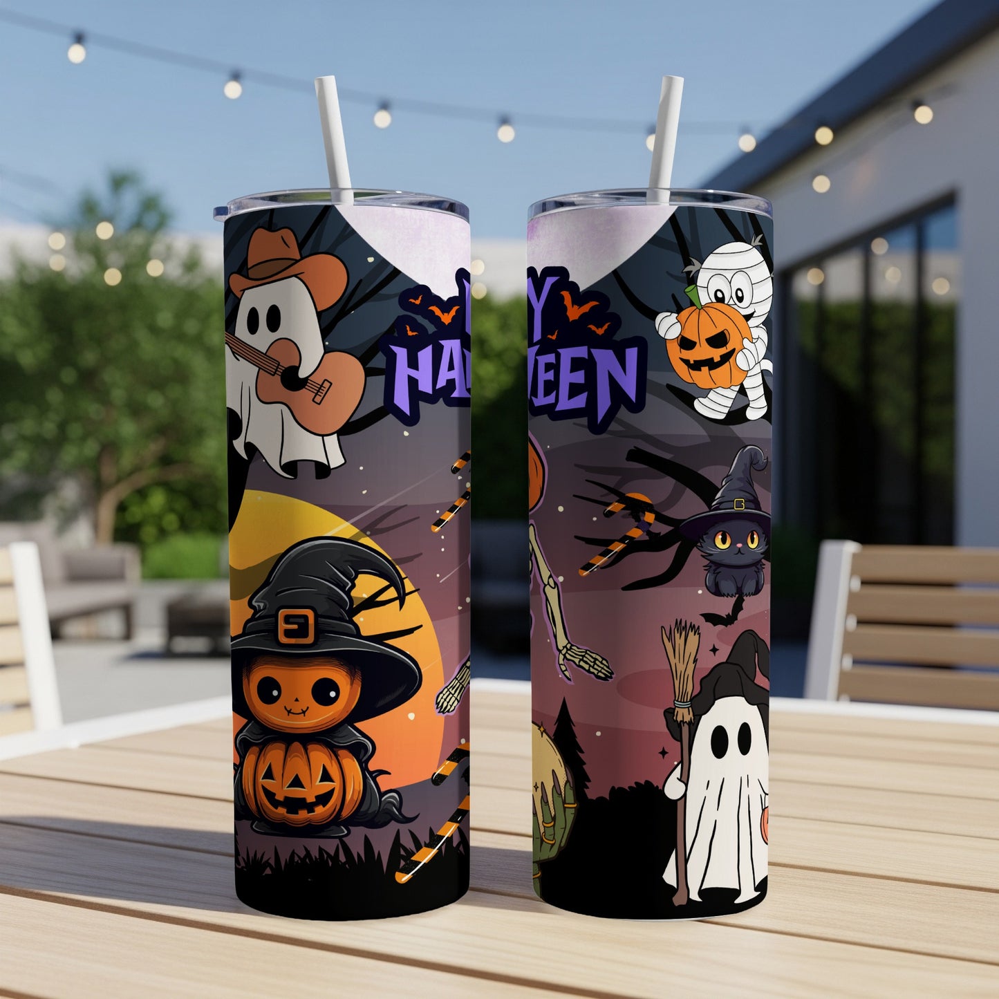 Halloween tumbler with cartoon ghosts, pumpkins, a cat, and skeleton hands.
