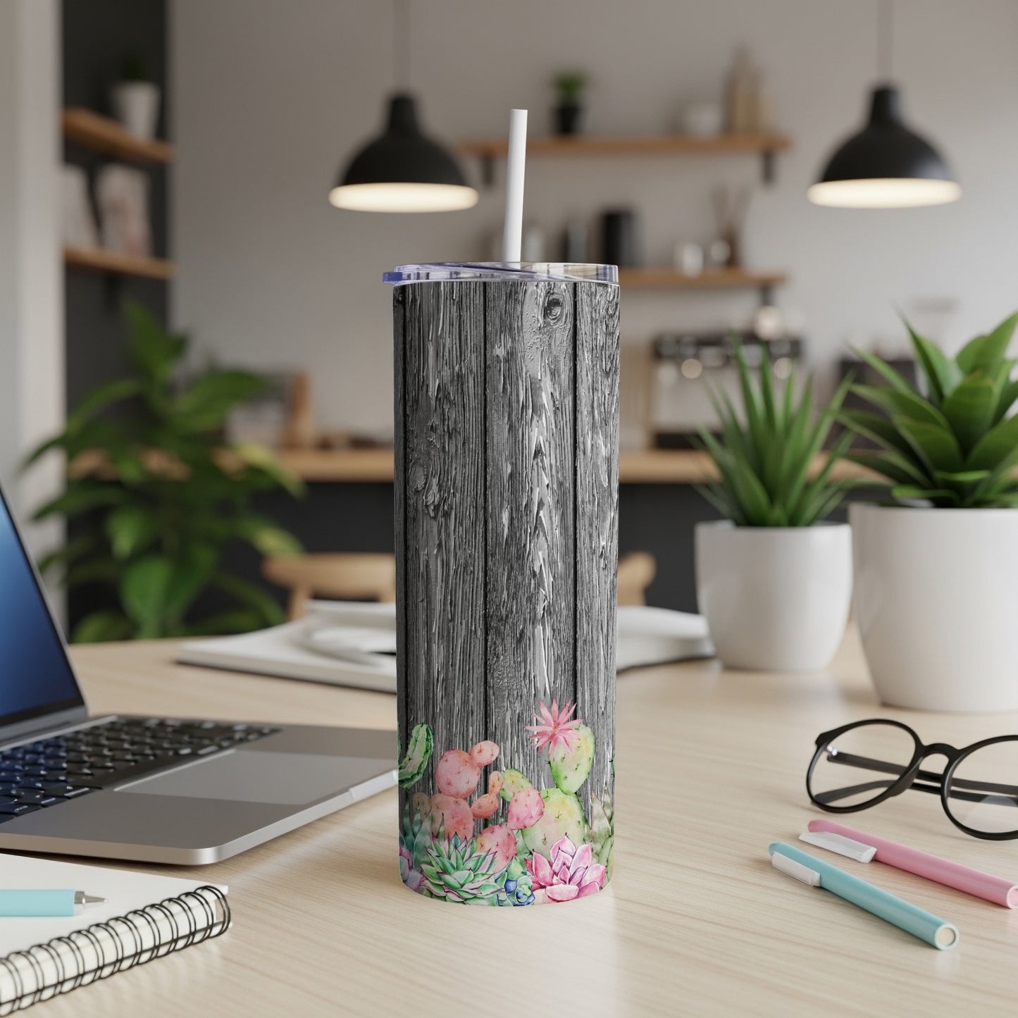 Wooden texture tumbler with colorful cactus and succulent graphics.