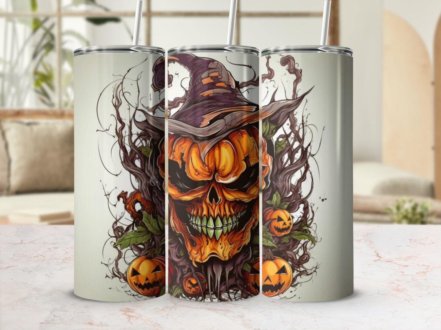 Tumbler with a Halloween skull and pumpkin design.