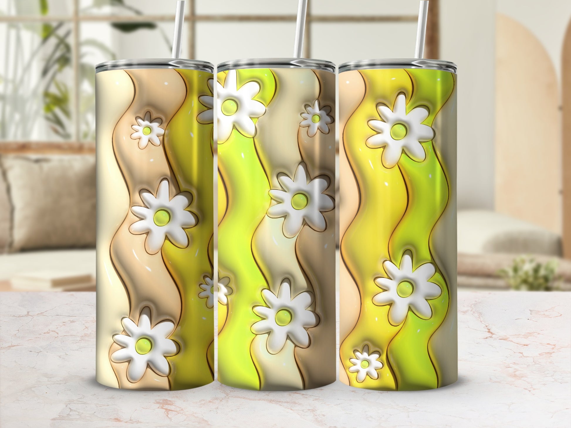 Retro Floral Design Tumbler with Straws and Colorful Finish