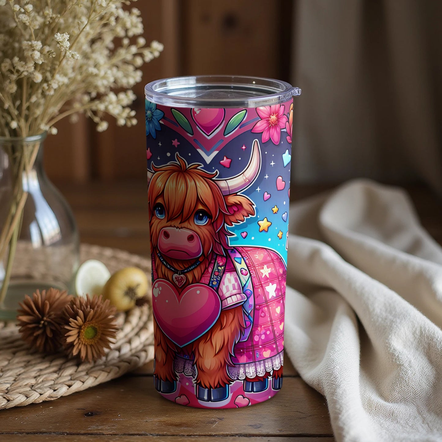 Adorable Highland Cow and Hearts Design Tumbler