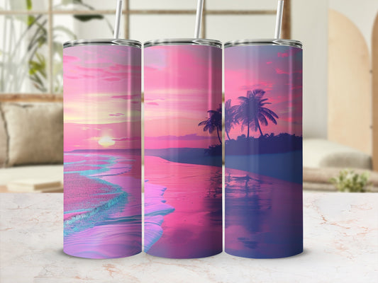 Three tumblers with a pink and purple tropical sunset beach scene.