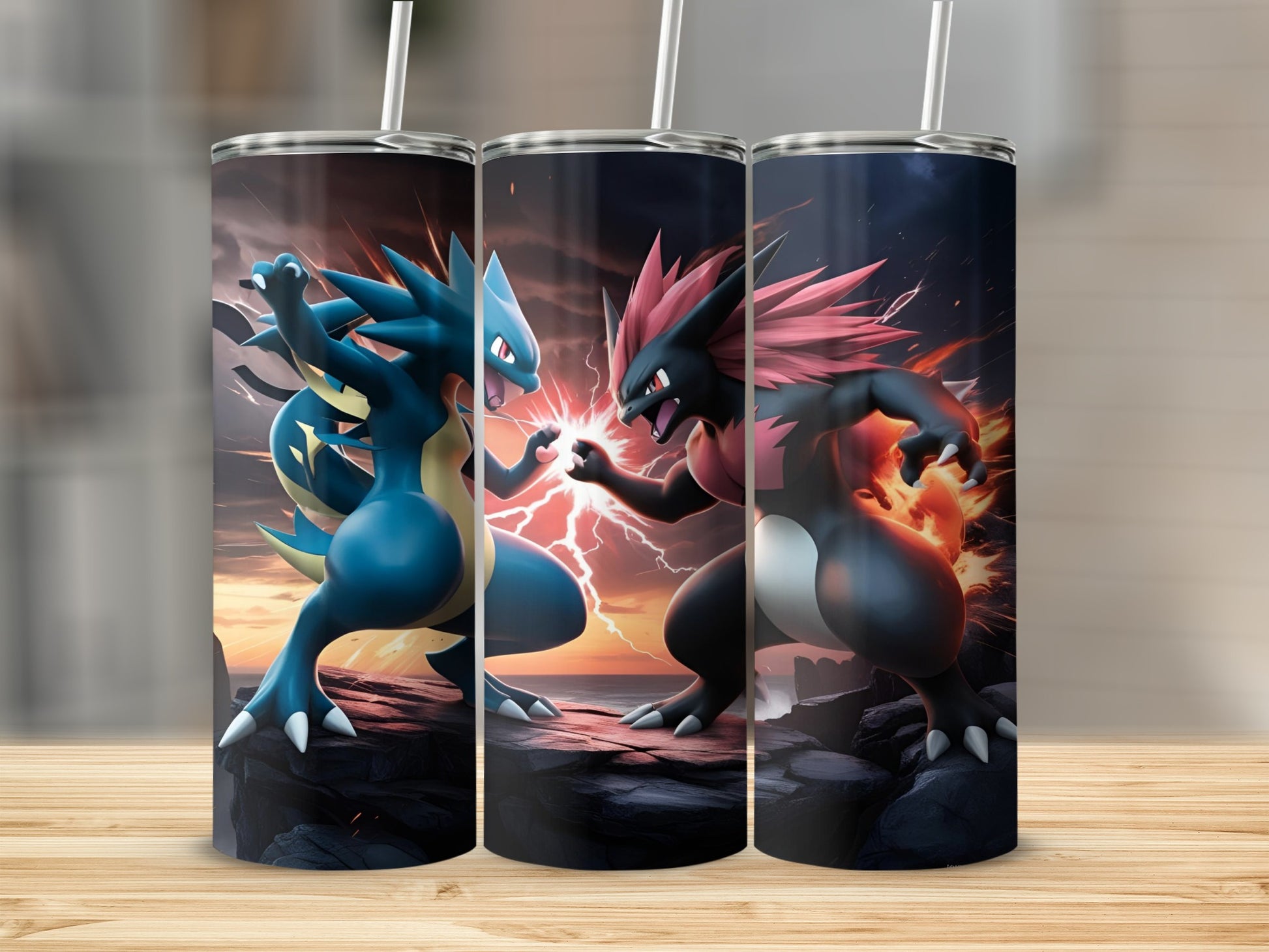 Two Pokemon, blue and red, clash with lightning in a rocky landscape.