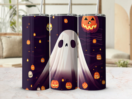 Tumblers with a dark purple Halloween design featuring ghosts and jack-o'-lanterns.