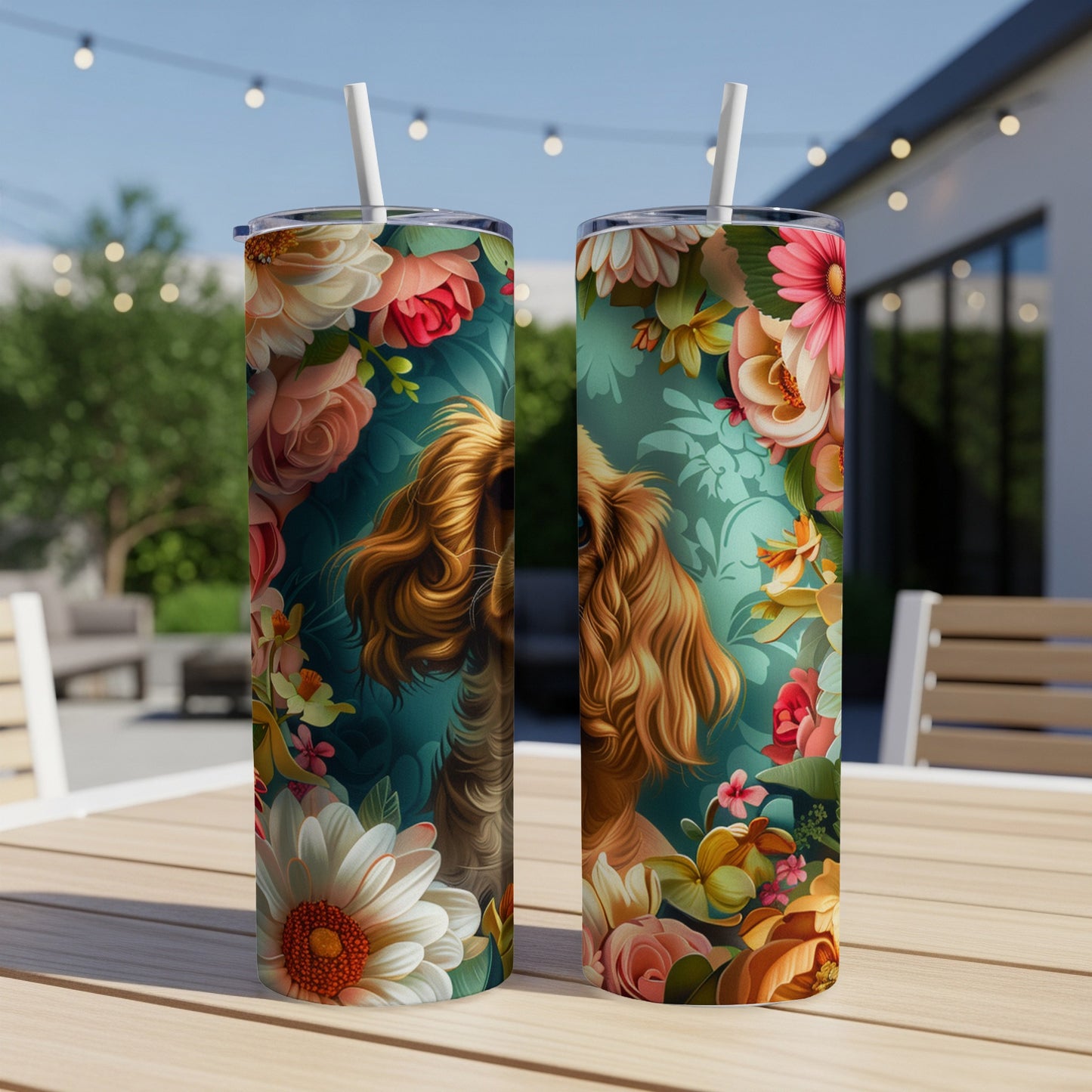 Two tall tumblers with a dog's face and floral pattern.