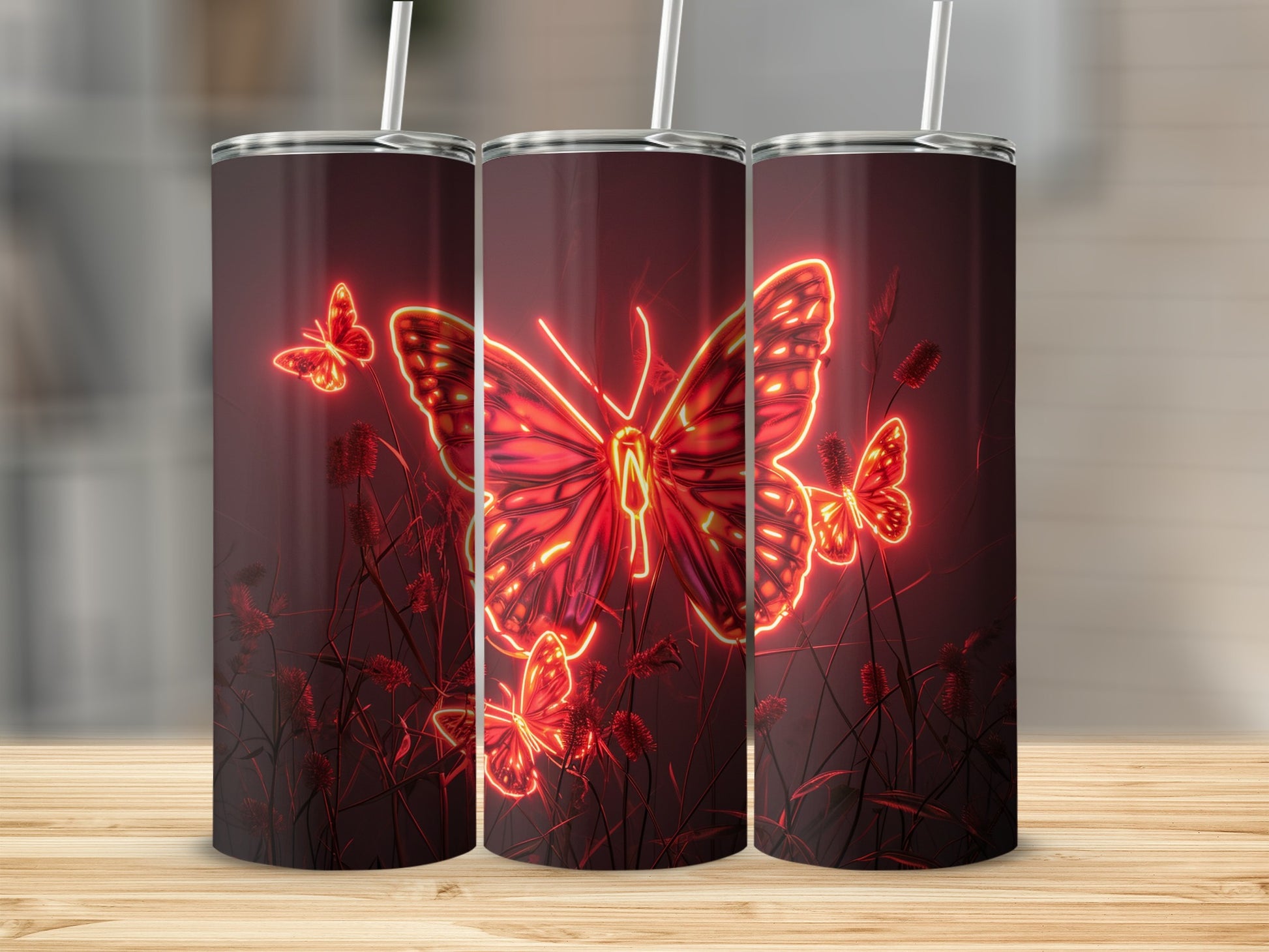 Neon Red Butterfly Tumbler Dark Floral Tumbler