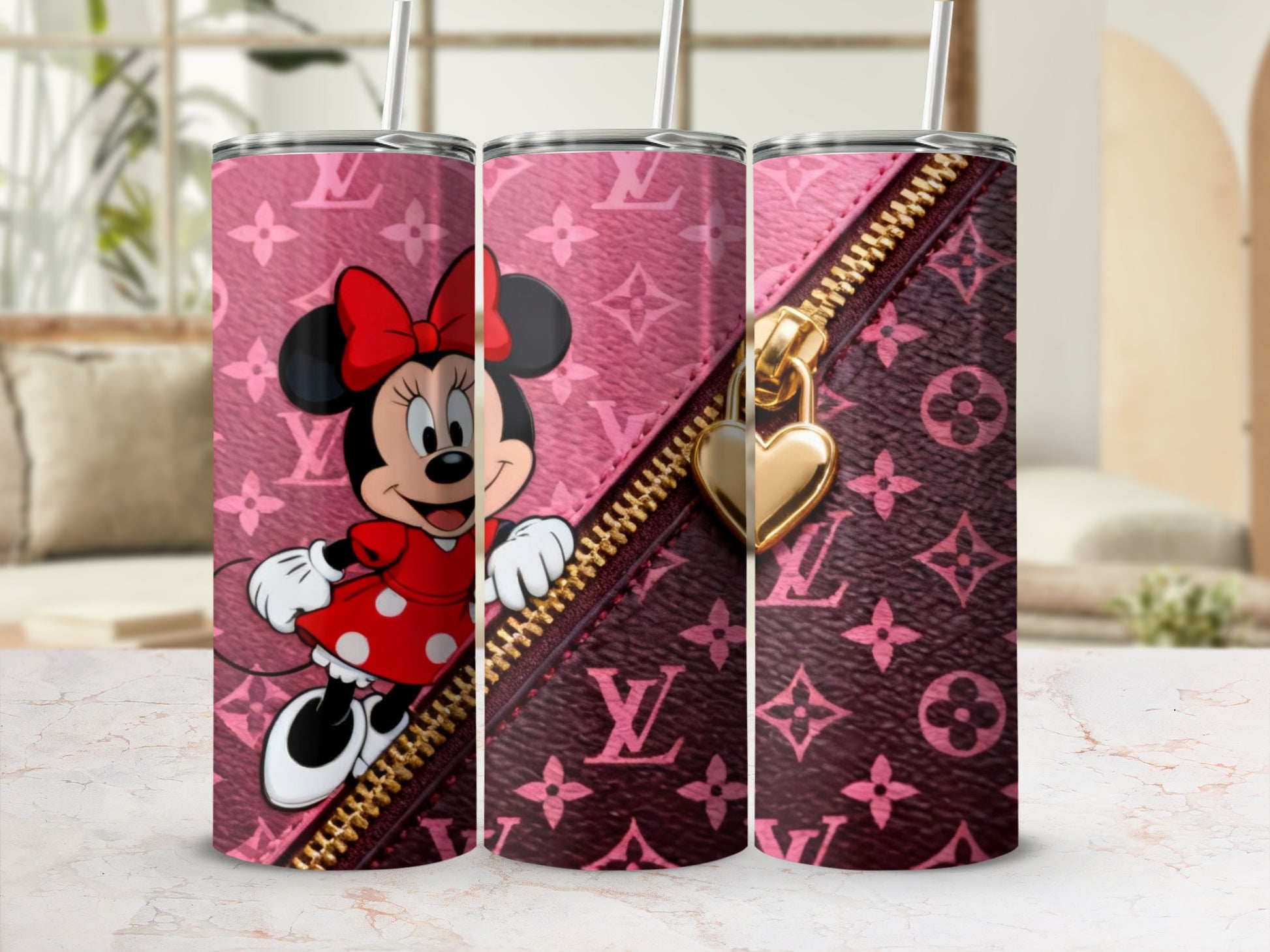 Minnie Mouse on pink monogram tumbler with gold zipper and heart lock.