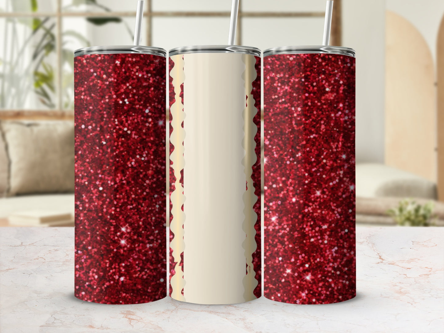 Three glitter tumblers, two red and one cream with scalloped edge.