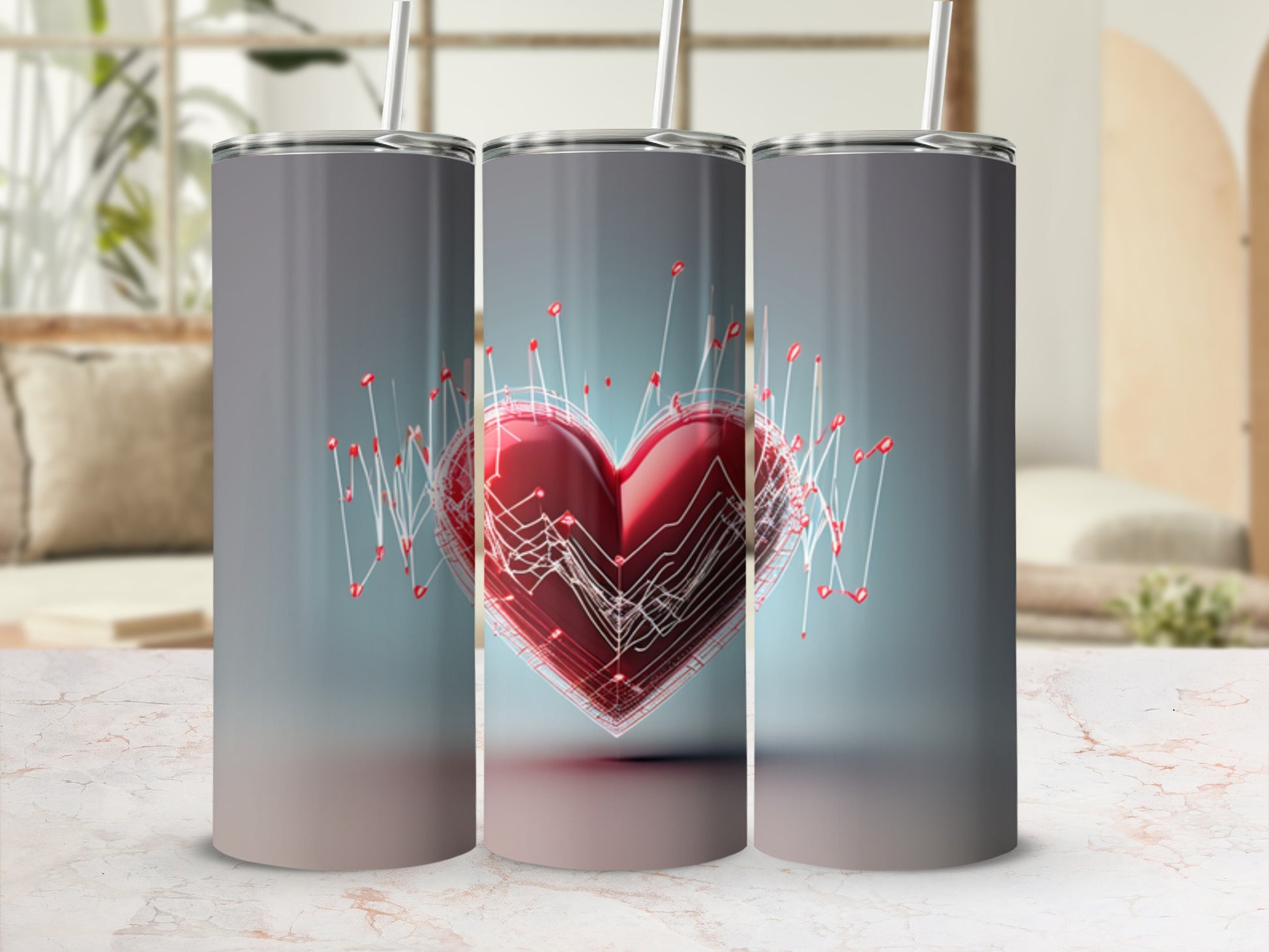 3D red heart with pulsating red lines against a gradient background.