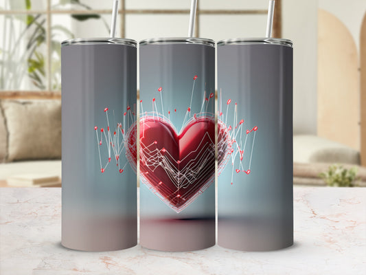 3D red heart with pulsating red lines against a gradient background.