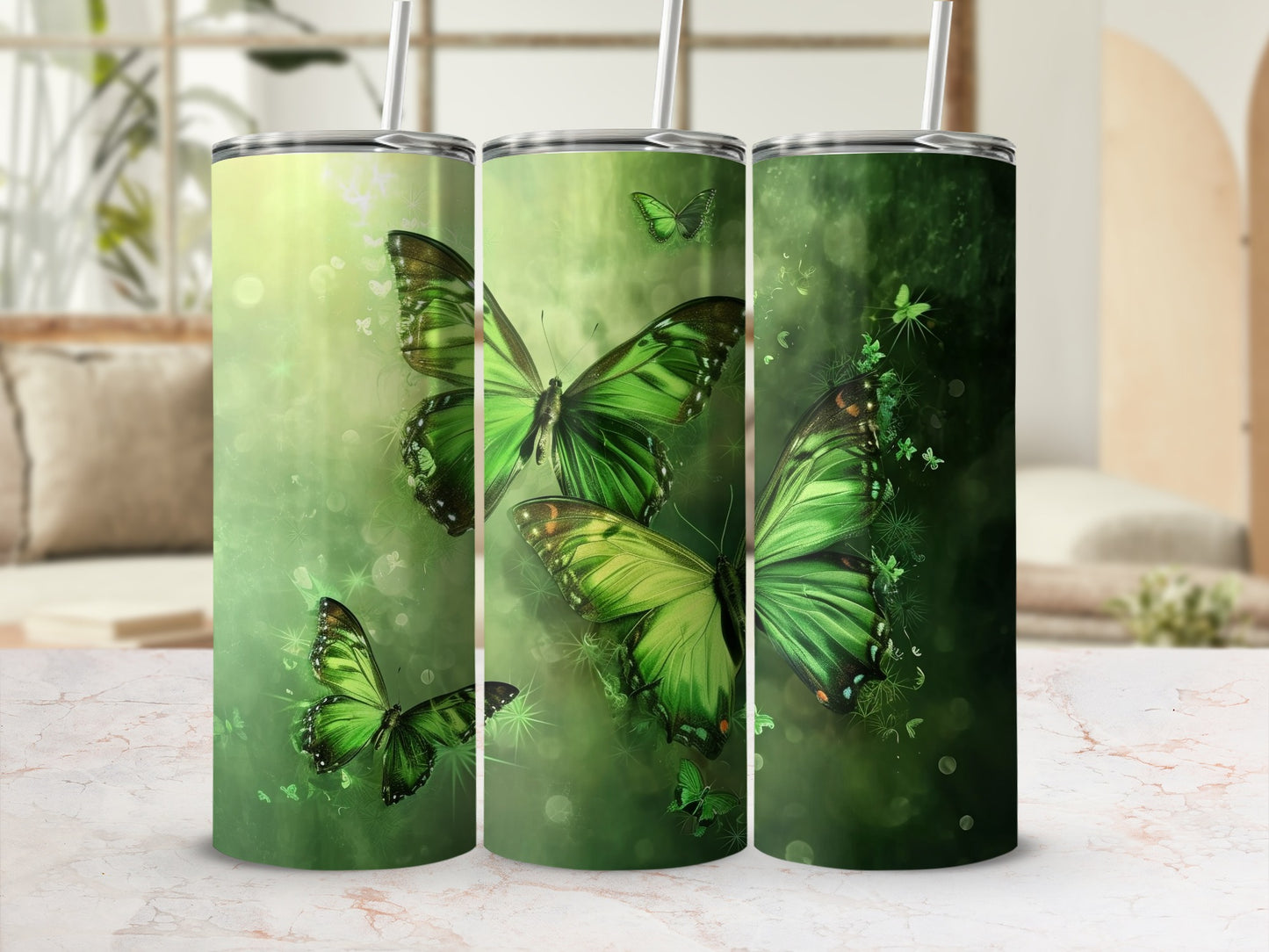 Vibrant Green Butterflies Design Bokeh Tumbler product type
green butterflies, butterfly design, nature pattern, vibrant green, tumbler print, drinkware art, ethereal wings, magical forest, shimmer effect, bokeh background, insect motif, garden theme, beautiful butterfly, unique tumbler, green aesthetic, artistic design, custom tumbler, trendy drinkware, fantasy art, abstract butterflies