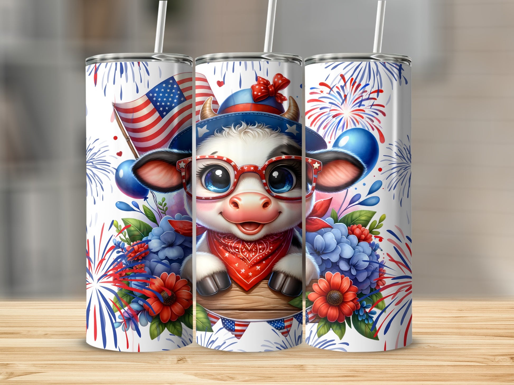 Cow wearing glasses and bandana with patriotic decorations.