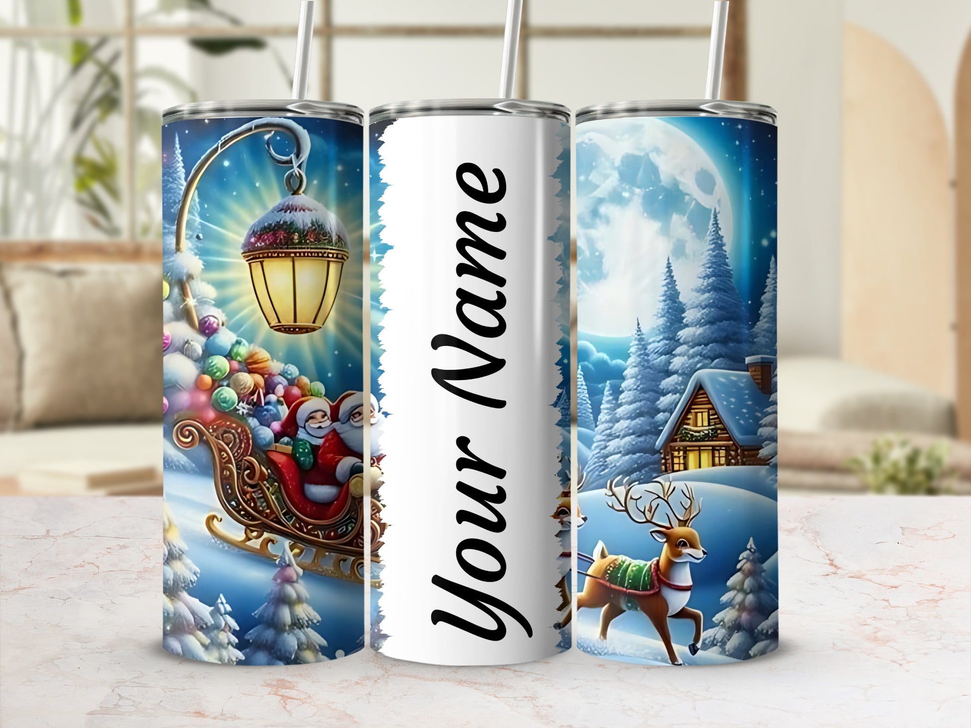 Personalized Christmas Santa Reindeer Tumbler with Straw