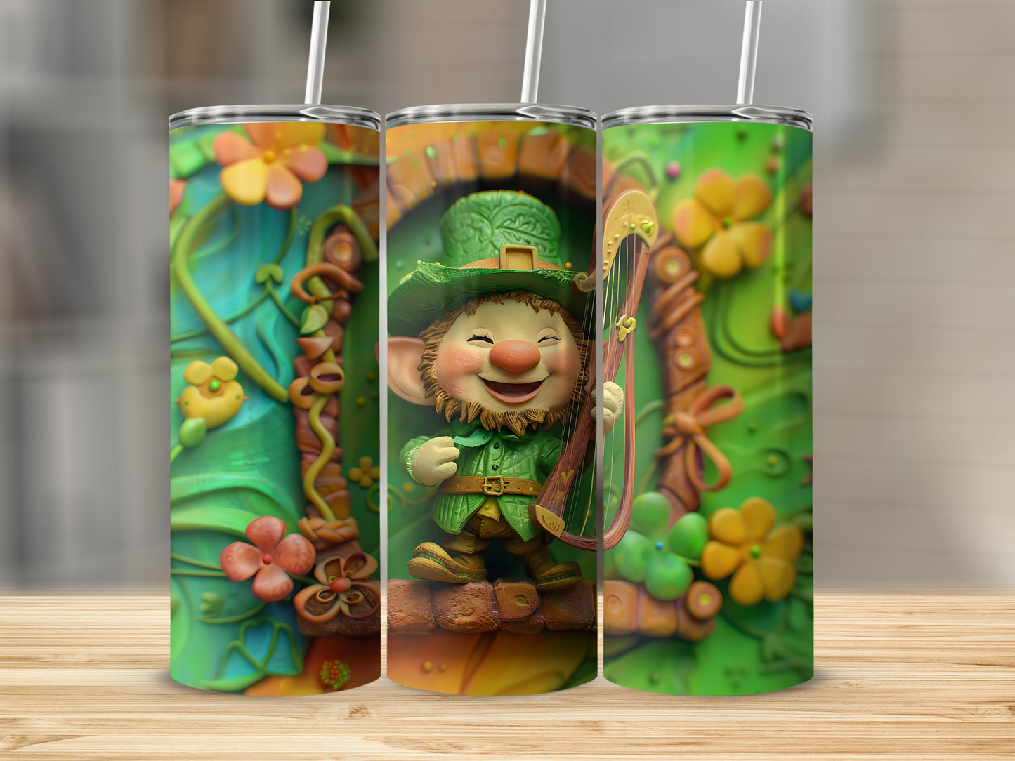 Leprechaun playing a harp in front of a colorful, whimsical archway.