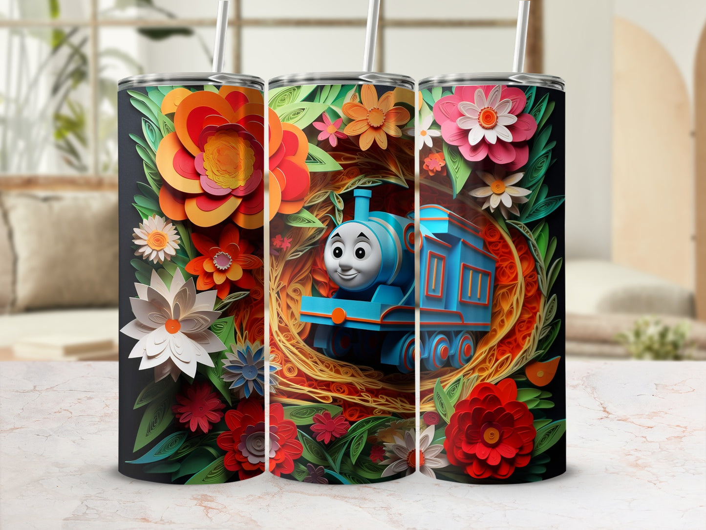 Vibrant Floral Train Design Insulated Tumbler Cups