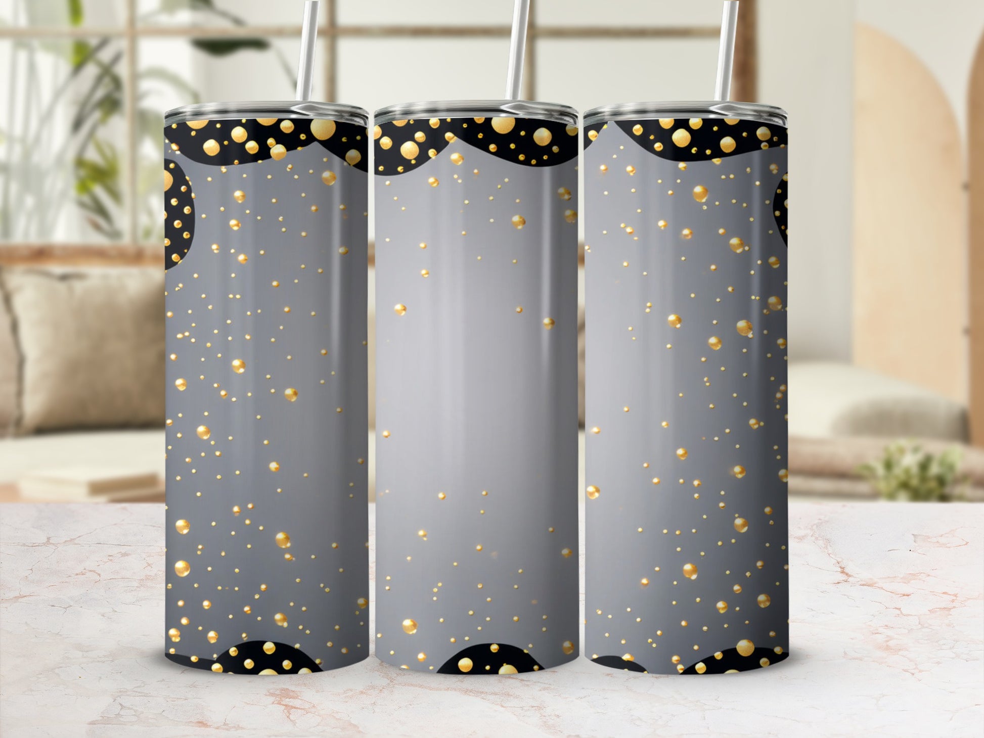 Three tall tumblers with gold and black wavy speckled pattern.