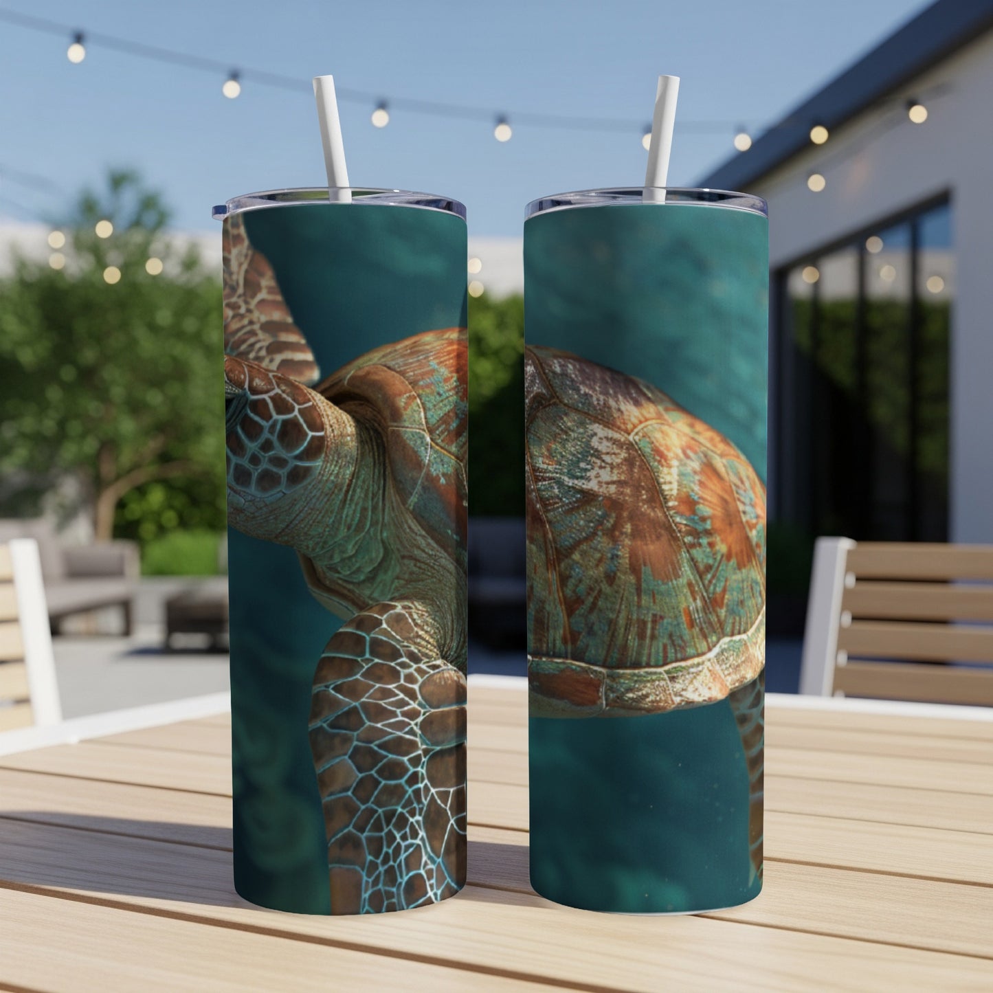 Two tumblers featuring a sea turtle design with a turquoise water background.