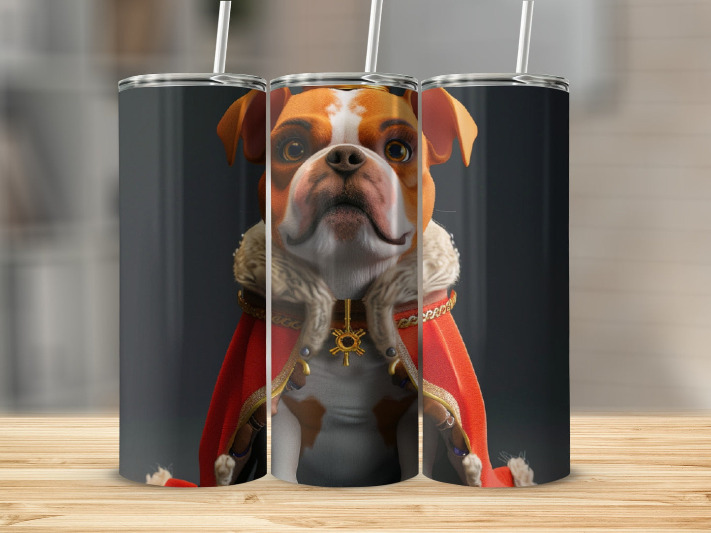 Bulldog in regal cape and crown, with straw.