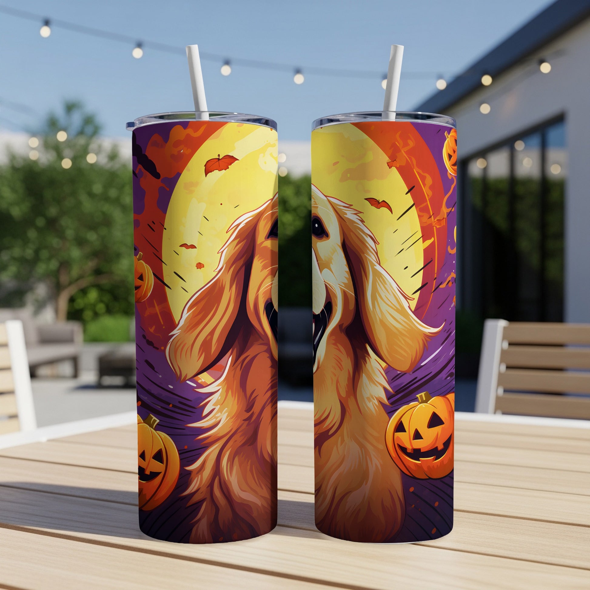 Two tumblers with Halloween theme featuring a golden retriever dog and pumpkins.