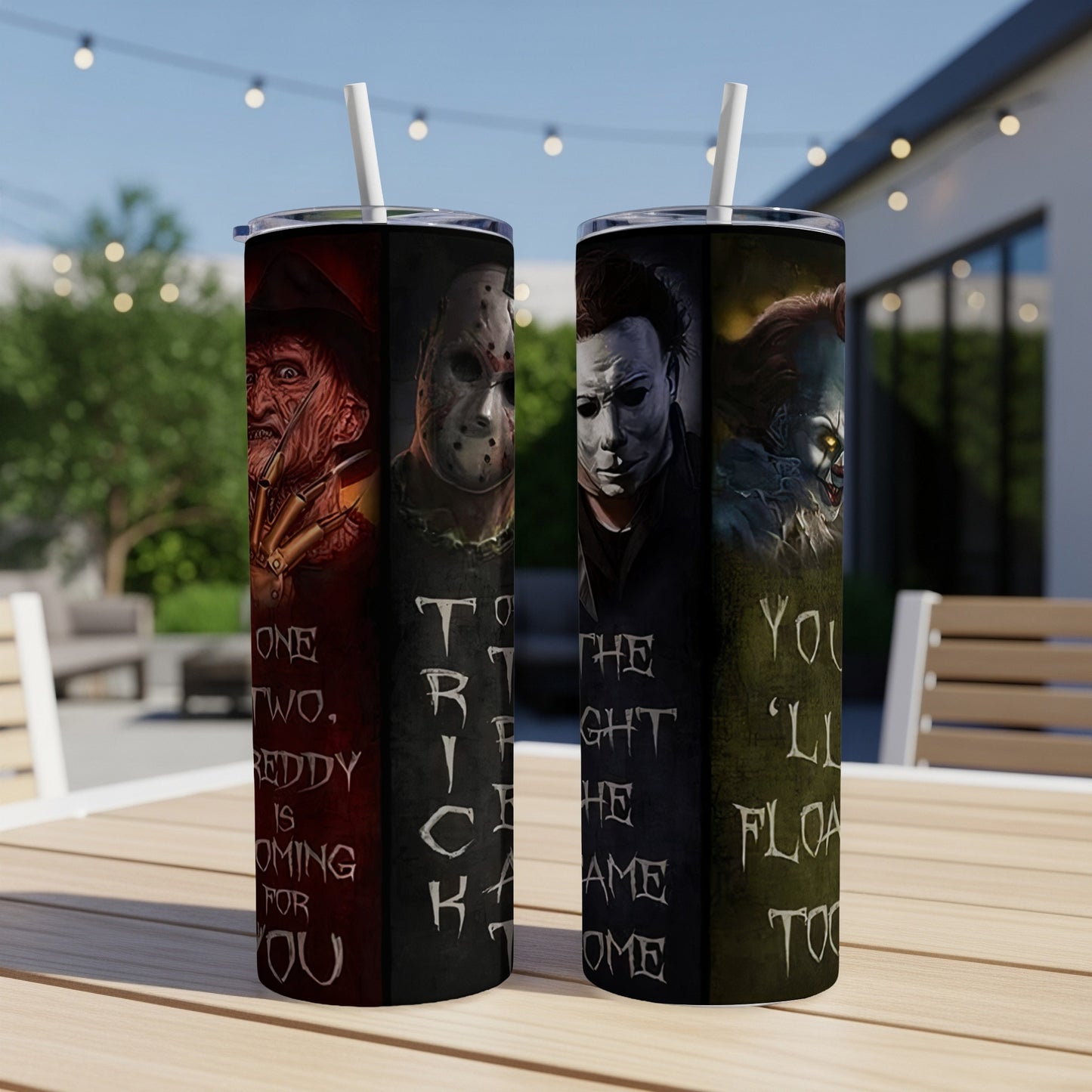 Tumblers featuring Freddy, Jason, Michael Myers, and Pennywise with text.