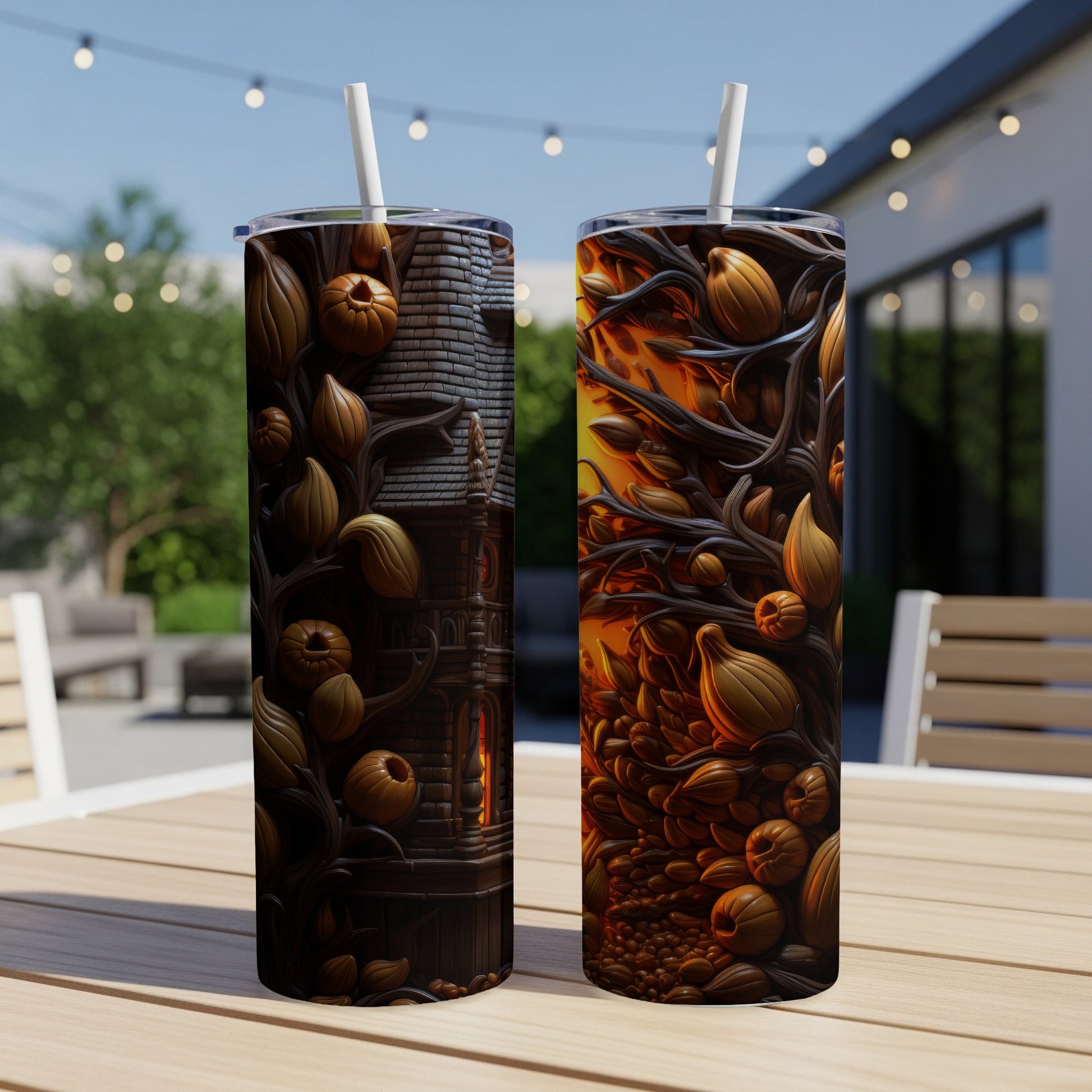 Two tumblers with a dark Halloween theme of pumpkins and a haunted house.