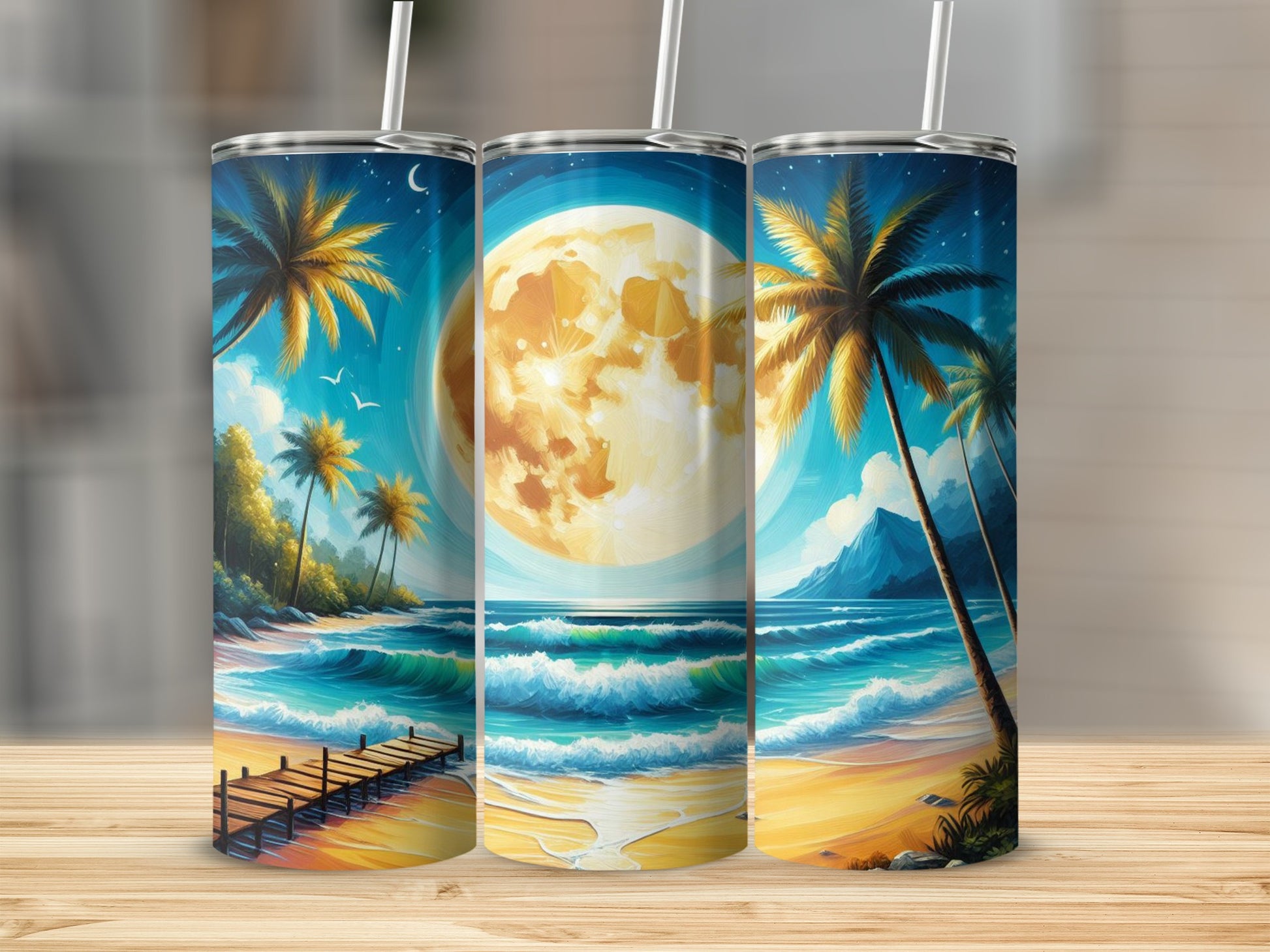 Three tumblers showing a tropical beach scene with a full moon and palm trees.