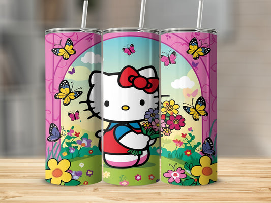 Hello Kitty character holding a bouquet of flowers with butterflies and pink trees.