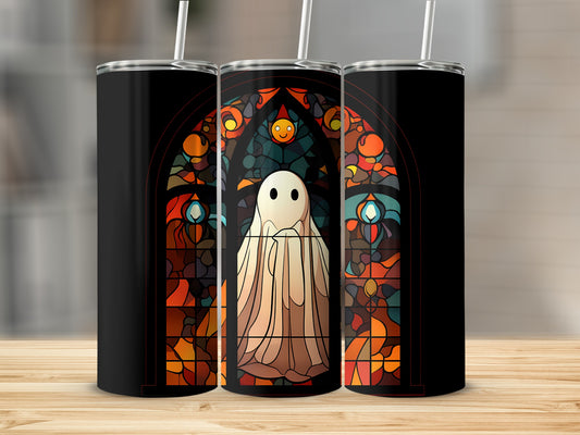 Ghost in stained glass window design on black tumbler.
