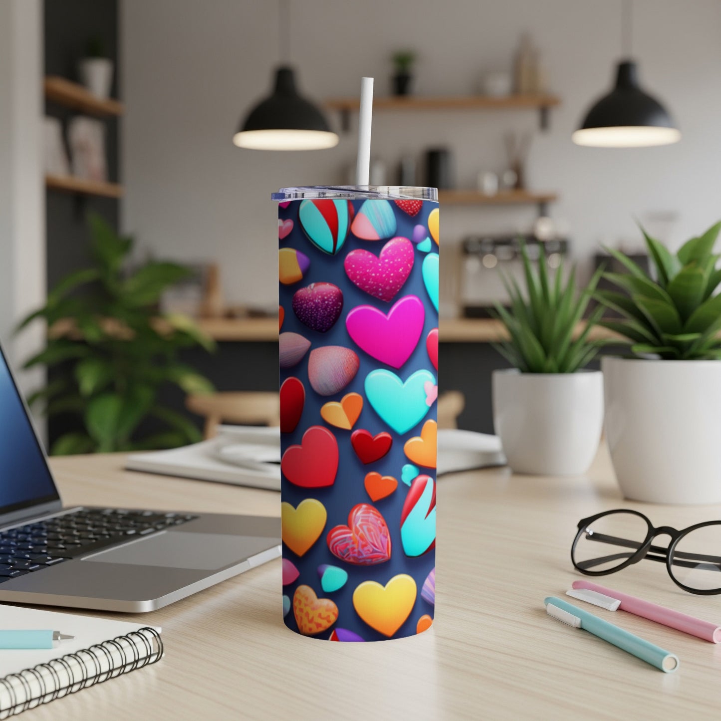 Colorful hearts pattern on a tall, insulated tumbler with a straw.