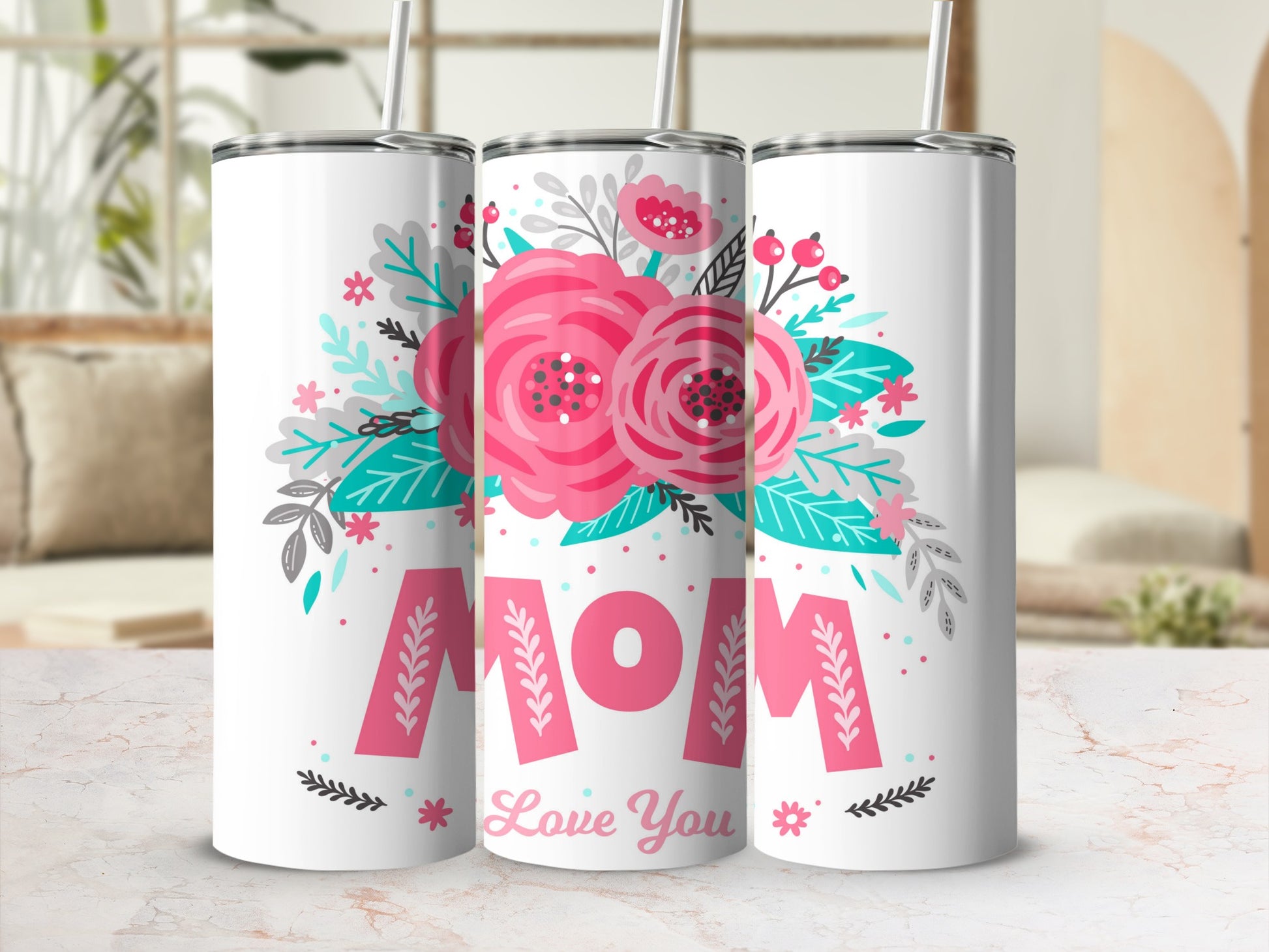 Floral Design MOM Love You Print Tumbler Cup