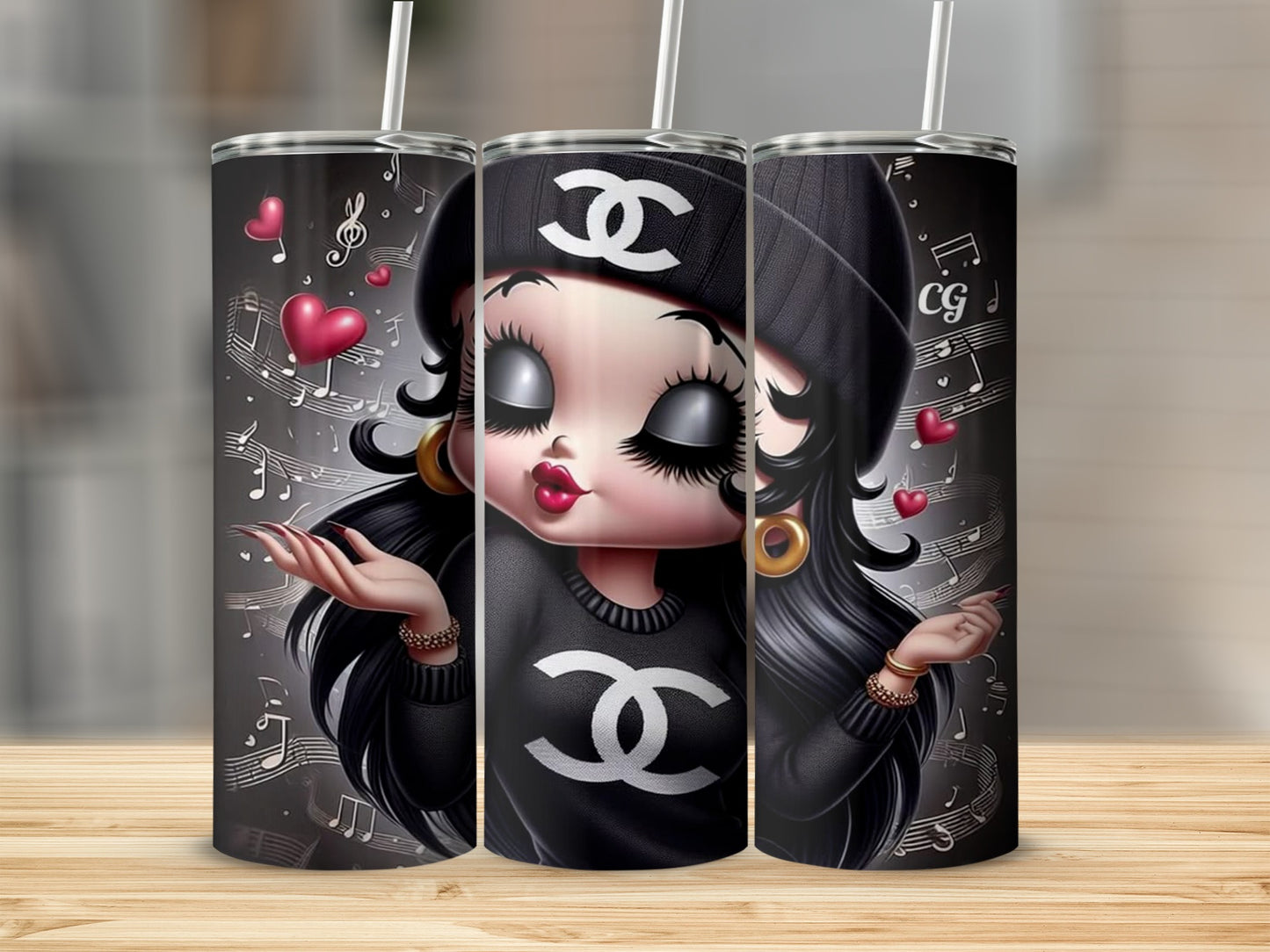 Cute Cartoon Girl Musical Notes Heart Tumbler Flask