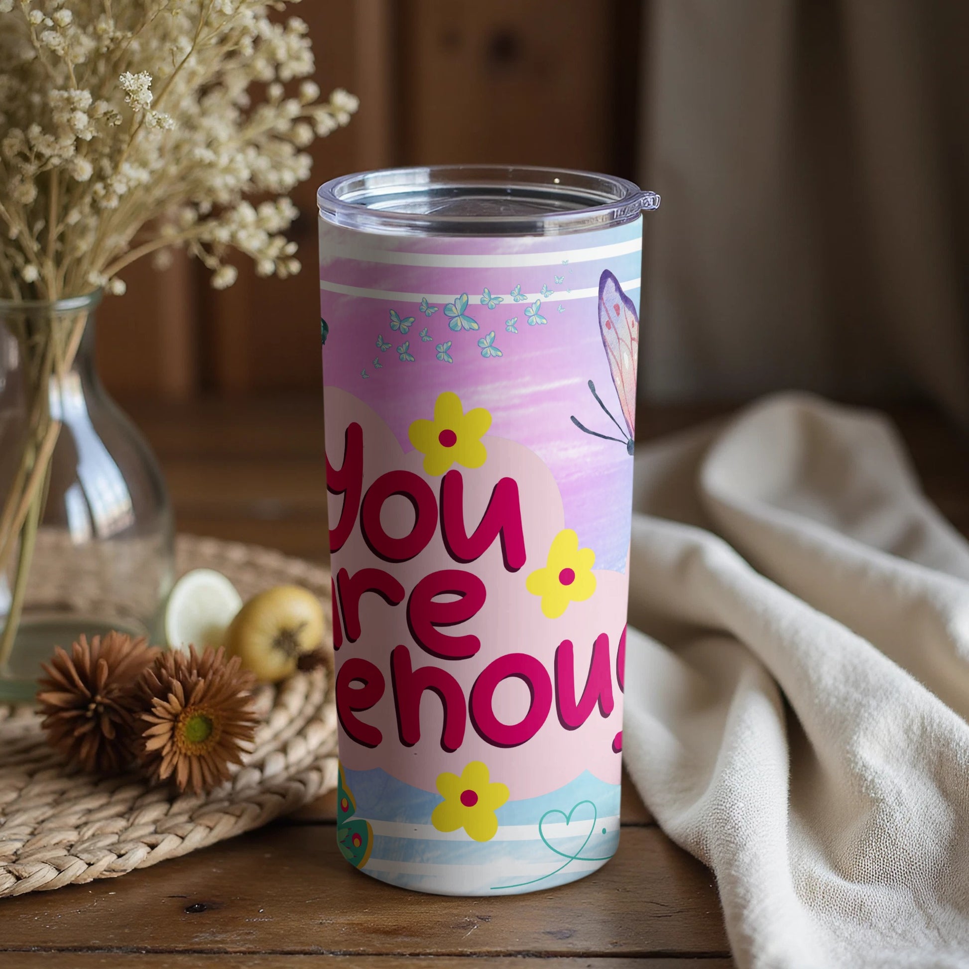 You Are Enough butterfly and floral tumbler cup