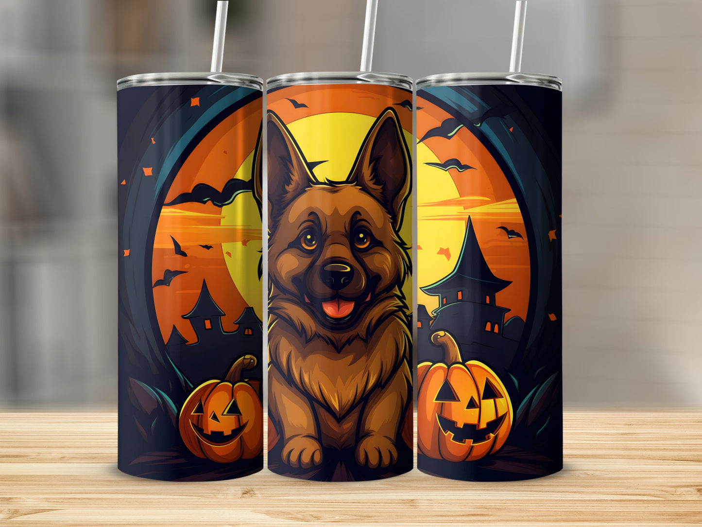 German Shepherd with Halloween scene, including pumpkins and haunted houses.