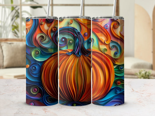 Three tumblers with a vibrant, abstract pumpkin design.