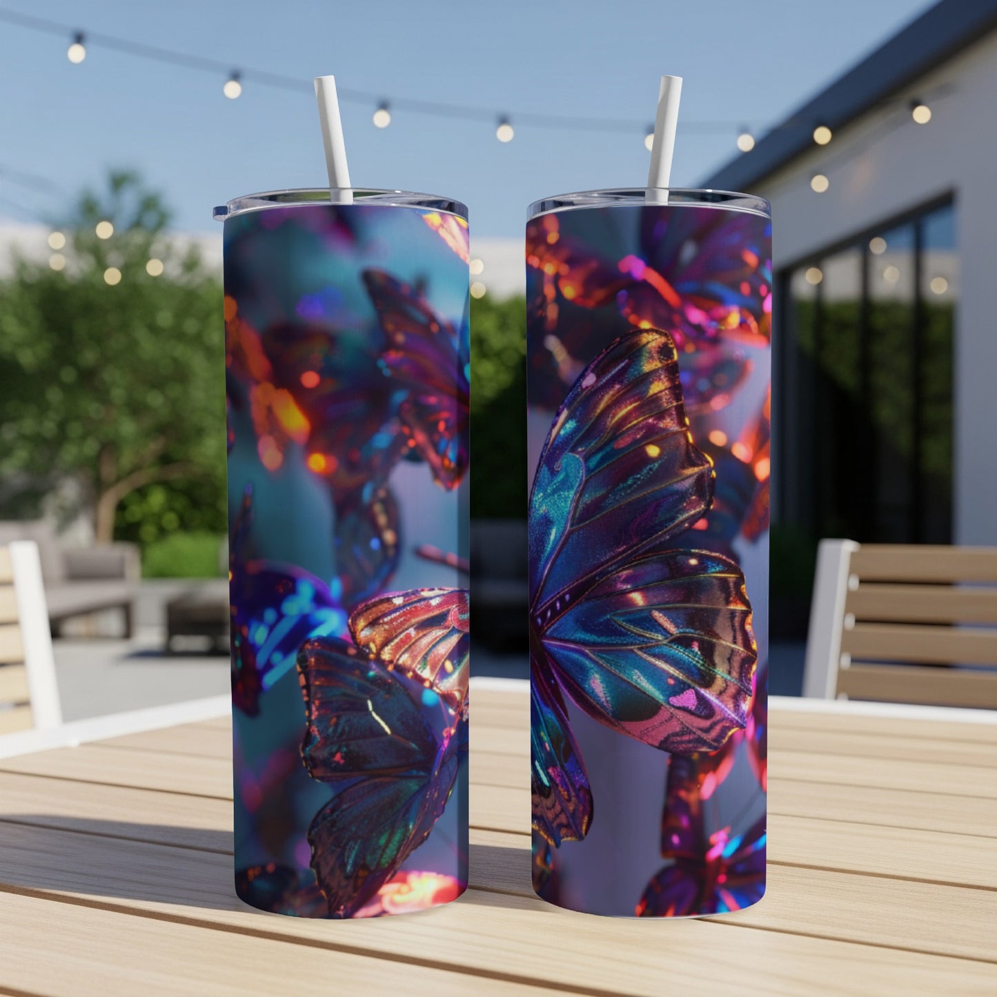 Two tumblers with iridescent butterfly wings design on an outdoor table.