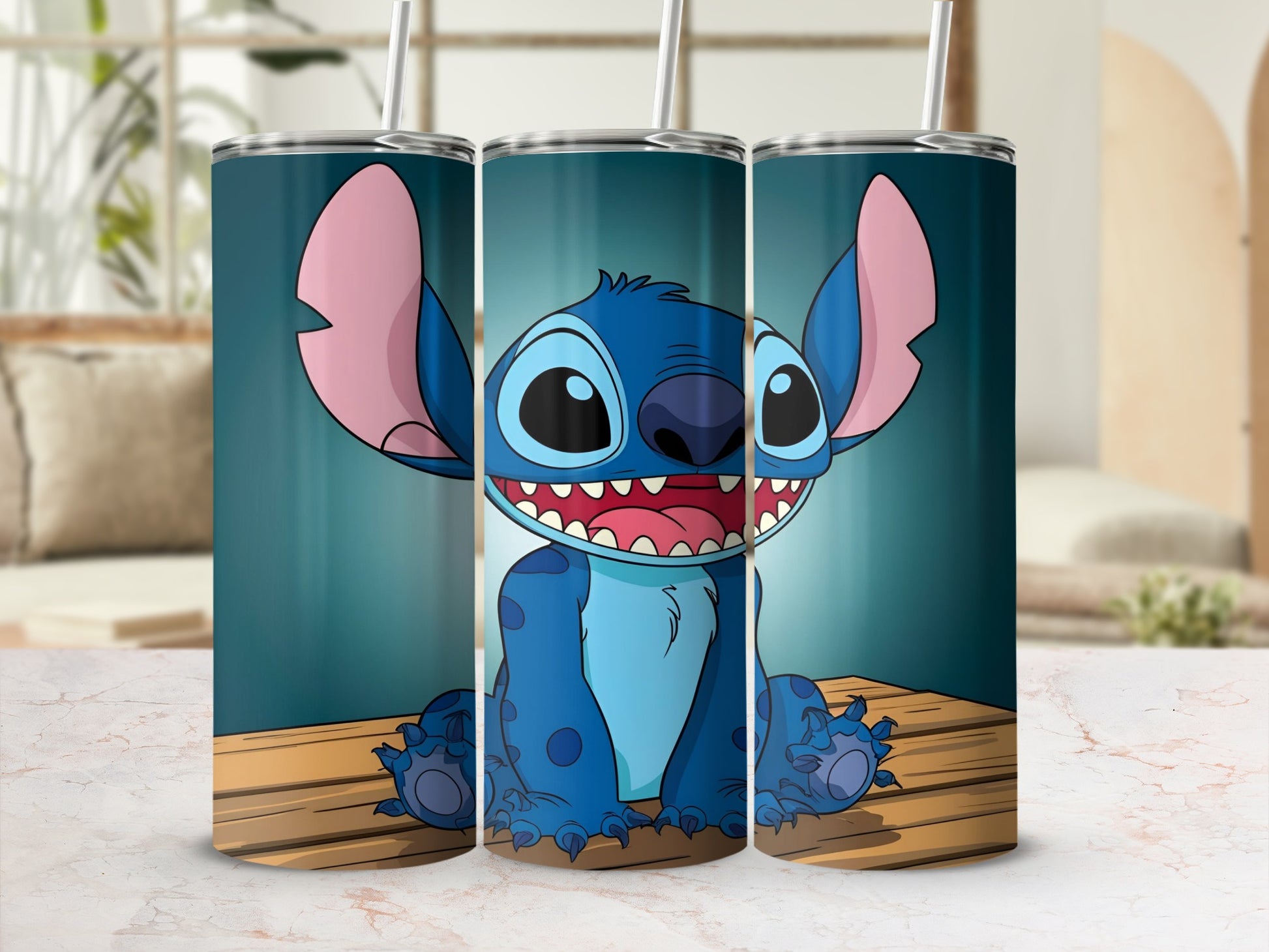 Stitch character smiling on a skinny tumbler.